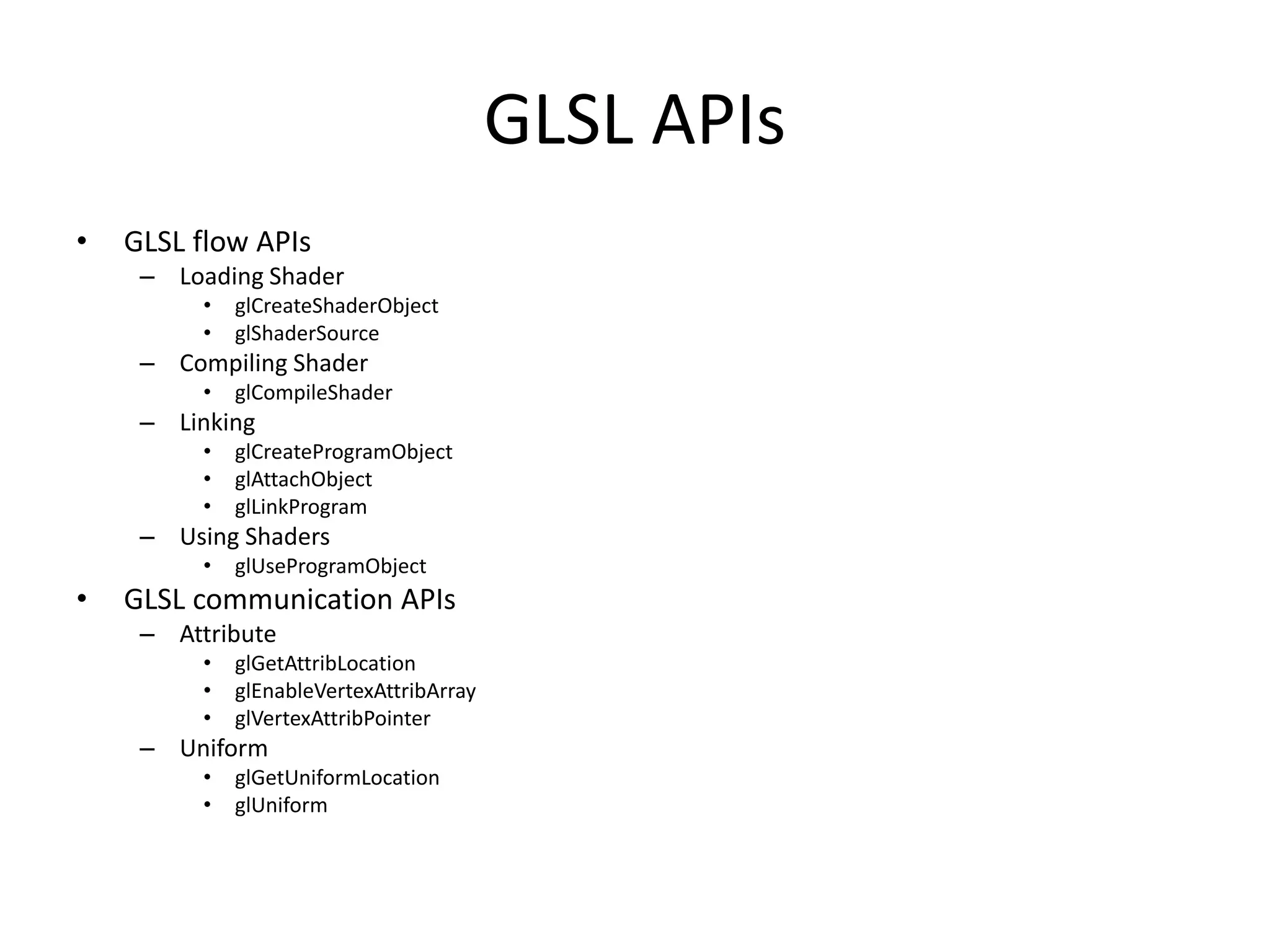GLSL APIs
• GLSL flow APIs
– Loading Shader
• glCreateShaderObject
• glShaderSource
– Compiling Shader
• glCompileShader
– Linking
• glCreateProgramObject
• glAttachObject
• glLinkProgram
– Using Shaders
• glUseProgramObject
• GLSL communication APIs
– Attribute
• glGetAttribLocation
• glEnableVertexAttribArray
• glVertexAttribPointer
– Uniform
• glGetUniformLocation
• glUniform
 