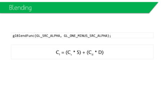 Blending
glBlendFunc(GL_SRC_ALPHA, GL_ONE_MINUS_SRC_ALPHA);
 