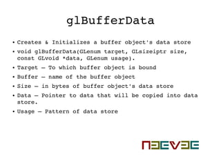 glBufferData
● Creates & Initializes a buffer object's data store
● void glBufferData(GLenum target, GLsizeiptr size, 
const GLvoid *data, GLenum usage).
● Target – To which buffer object is bound
● Buffer – name of the buffer object
● Size – in bytes of buffer object's data store
● Data – Pointer to data that will be copied into data 
store.
● Usage – Pattern of data store
 