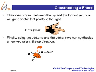Constructing a Frame
• The cross product between the up and the look-at vector a
  will get a vector that points to the right.




• Finally, using the vector a and the vector r we can synthesize
  a new vector u in the up direction:




                                   Centre for Computational Technologies
    OpenGL                                         Simulation is The Future!
 