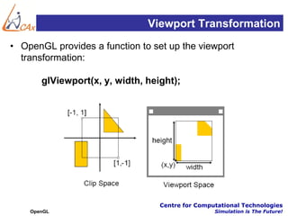 Viewport Transformation
• OpenGL provides a function to set up the viewport
  transformation:

       glViewport(x, y, width, height);




                                  Centre for Computational Technologies
    OpenGL                                        Simulation is The Future!
 