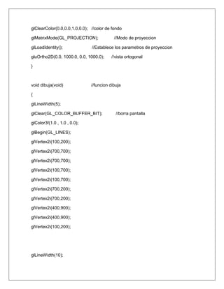 glClearColor(0.0,0.0,1.0,0.0); //color de fondo

glMatrixMode(GL_PROJECTION);               //Modo de proyeccion

glLoadIdentity();              //Establece los parametros de proyeccion

gluOrtho2D(0.0, 1000.0, 0.0, 1000.0);     //vista ortogonal

}



void dibuja(void)              //funcion dibuja

{

glLineWidth(5);

glClear(GL_COLOR_BUFFER_BIT);               //borra pantalla

glColor3f(1.0 , 1.0 , 0.0);

glBegin(GL_LINES);

glVertex2i(100,200);

glVertex2i(700,700);

glVertex2i(700,700);

glVertex2i(100,700);

glVertex2i(100,700);

glVertex2i(700,200);

glVertex2i(700,200);

glVertex2i(400,900);

glVertex2i(400,900);

glVertex2i(100,200);




glLineWidth(10);
 