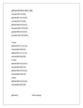 glColor3f(0.560,0.360,0.188);

circulo(150,175,45);

glColor3f(1.0,0.0,0.0);

circulo(150,175,20);

glColor3f(0.0,0.0,0.0);

circuloc(350,175,5,45);

glColor3f(0.0,0.0,0.0);

circuloc(150,175,5,45);



// cara

glColor3f(1.0,1.0,1.0);

circulo(300,350,25);

glColor3f(1.0,1.0,1.0);

circulo(200,350,25);

// cara

glColor3f(0.0,0.0,0.0);

circulo(300,350,10);

glColor3f(0.0,0.0,0.0);

circulo(200,350,10);

//nariz

glColor3f(0.0,0.0,0.0);

circulo(250,325,20);




glFlush();                 //forza dibujo
 