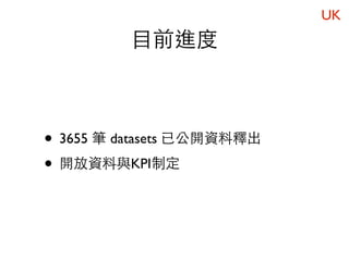 UK
         目前進度



• 3655 筆 datasets 已公開資料釋出
• 開放資料與KPI制定
 