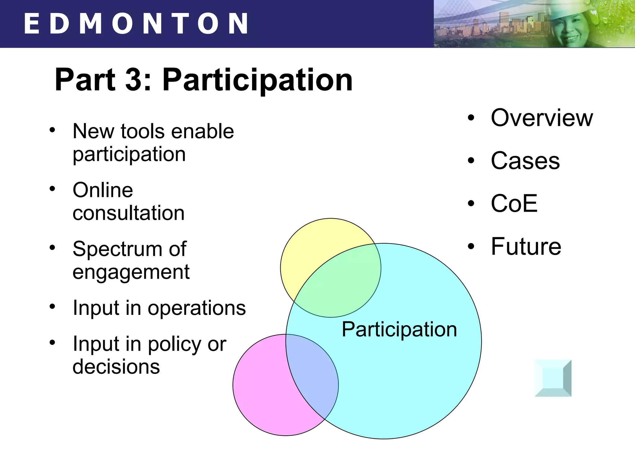 Part 3: Participation Overview  Cases CoE Future New tools enable participation Online consultation  Spectrum of engagement Input in operations Input in policy or decisions Participation 