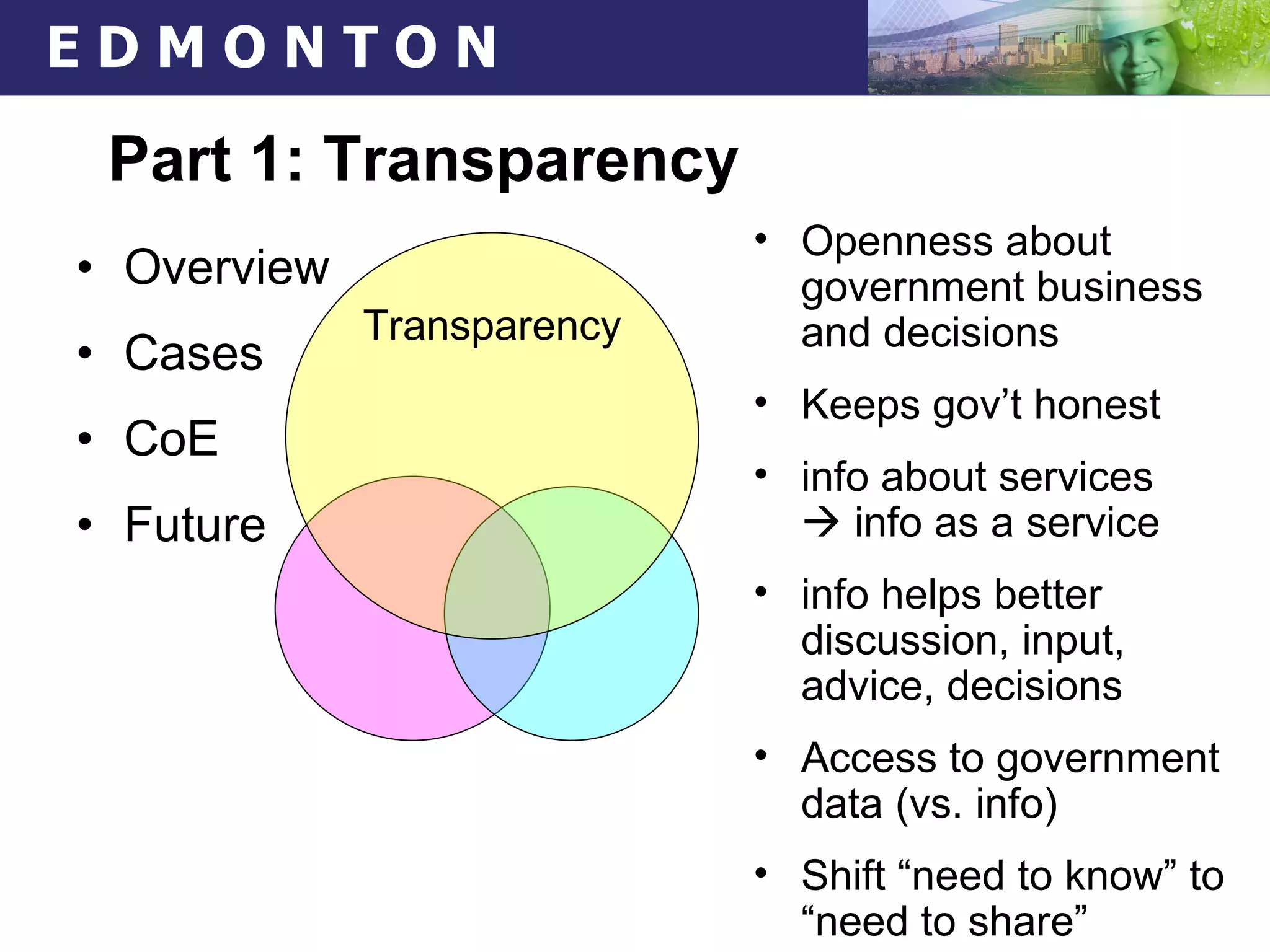 Part 1: Transparency Overview  Cases CoE Future Openness about government business and decisions Keeps gov’t honest info about services    info as a service info helps better discussion, input, advice, decisions Access to government data (vs. info) Shift “need to know” to “need to share” Transparency 