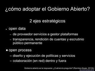2 ejes estratégicos
● open data
– de proveedor servicios a gestor plataformas
– transparencia, rendición de cuentas y escrutinio
público permanente
● open process
– diseño y ejecución de políticas y servicios
– colaboración (en red) dentro y fuera
Gobierno abierto es la respuesta: ¿Cuál era la pregunta? (Ramírez-Alujas, 2012b)
http://bit.ly/redmatriz-2012b
¿cómo adoptar el Gobierno Abierto?
 