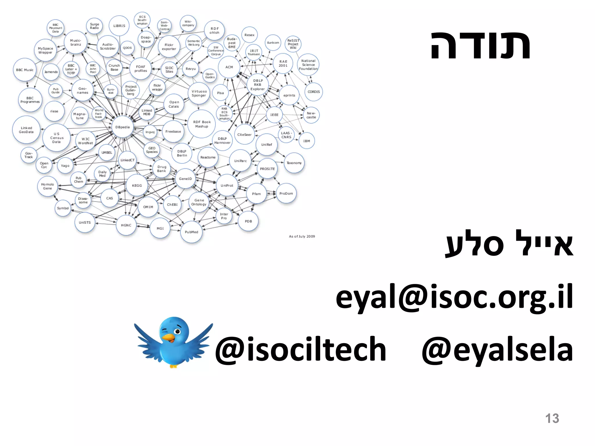 ‫תודה‬


              ‫אייל סלע‬
        eyal@isoc.org.il
@isociltech @eyalsela
                      13
 