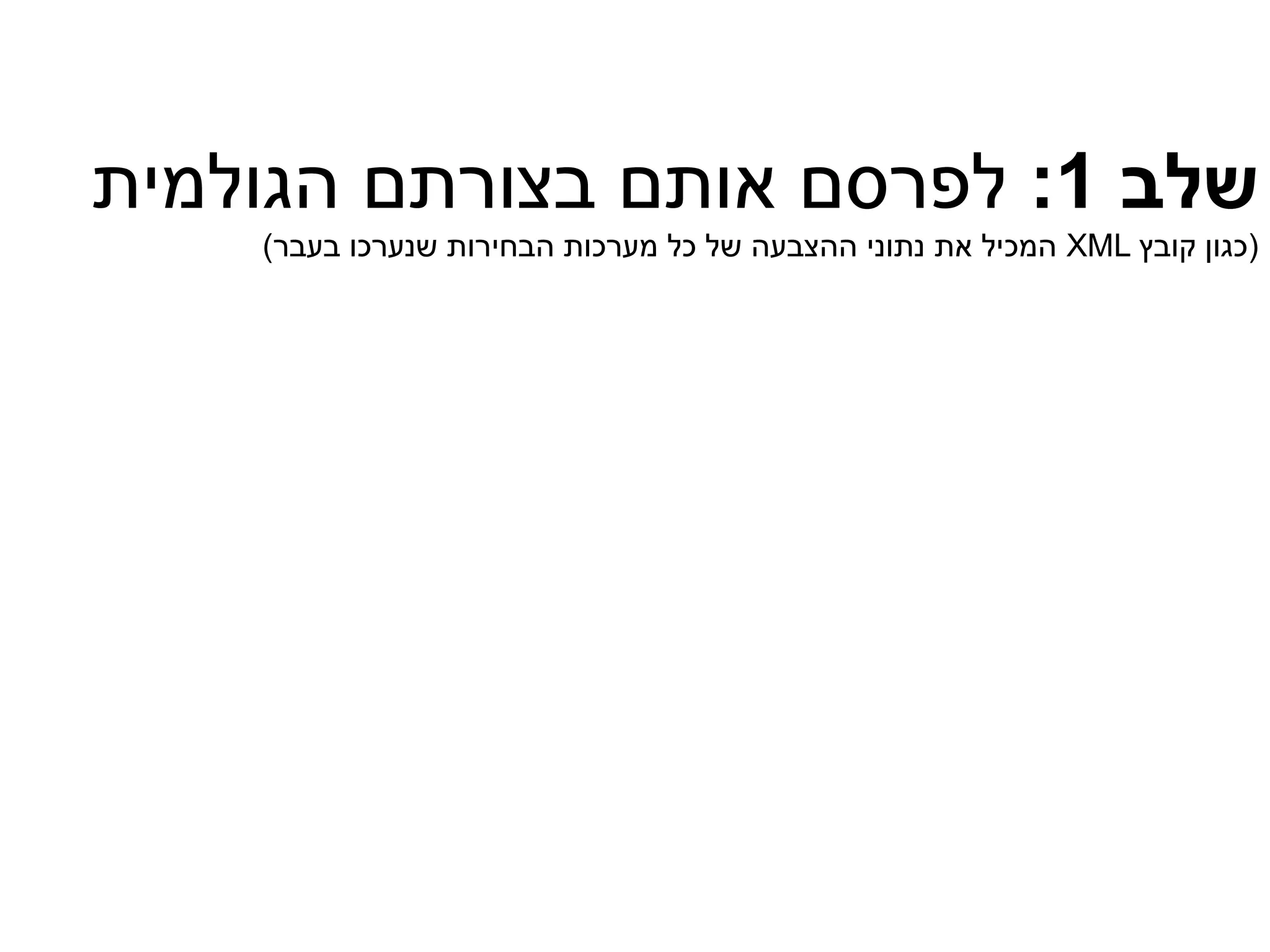 ‫שלב 1: לפרסם אותם בצורתם הגולמית‬
    ‫(כגון קובץ ‪ XML‬המכיל את נתוני ההצבעה של כל מערכות הבחירות שנערכו בעבר)‬
 