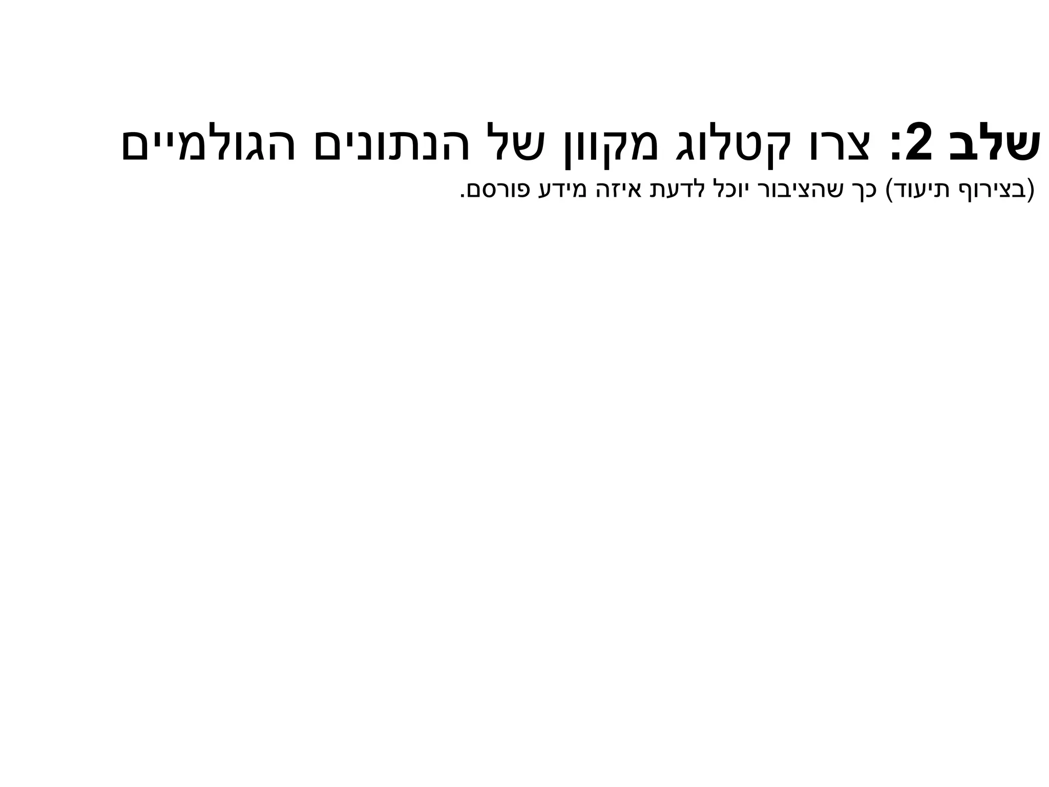 ‫שלב 2: צרו קטלוג מקוון של הנתונים הגולמיים‬
               ‫(בצירוף תיעוד) כך שהציבור יוכל לדעת איזה מידע פורסם.‬
 