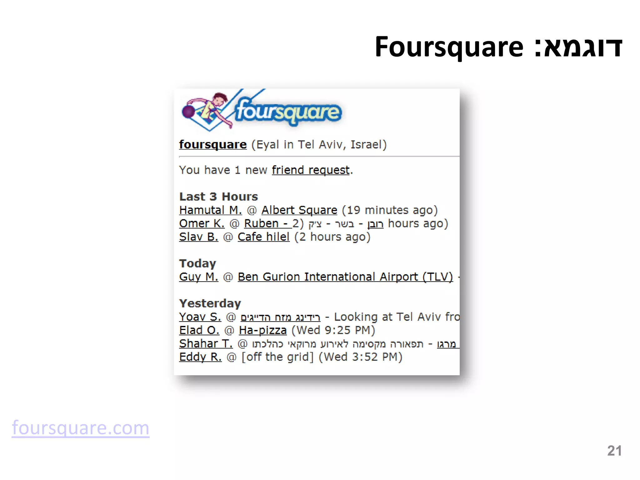 Foursquare :‫דוגמא‬




foursquare.com
                                21
 