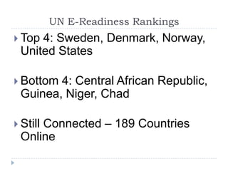 UN E-Readiness RankingsTop 4: Sweden, Denmark, Norway, United StatesBottom 4: Central African Republic, Guinea, Niger, ChadStill Connected – 189 Countries Online