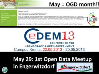 May = OGD month!!




Campus Krems, 22.05.2013 - 25.05.2013

May 29: 1st Open Data Meetup
in Engerwitzdorf
 