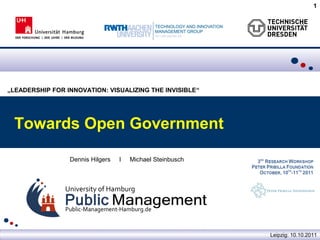 1




„LEADERSHIP FOR INNOVATION: VISUALIZING THE INVISIBLE“




 Towards Open Government

                 Dennis Hilgers   I   Michael Steinbusch




                                                                  Leipzig: 10.10.2011
                                                           Public-Management-Hamburg.de
 