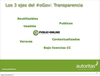 Los 3 ejes del #oGov: Transparencia




                                              9
martes 24 de abril de 12
 