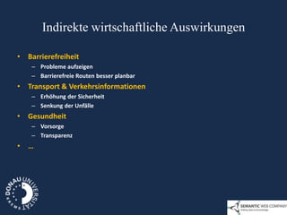 Indirekte wirtschaftliche Auswirkungen

• Barrierefreiheit
    – Probleme aufzeigen
    – Barrierefreie Routen besser planbar
• Transport & Verkehrsinformationen
    – Erhöhung der Sicherheit
    – Senkung der Unfälle
• Gesundheit
    – Vorsorge
    – Transparenz
• …
 