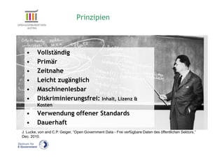 Prinzipien



  •      Vollständig
  •      Primär
  •      Zeitnahe
  •      Leicht zugänglich
  •      Maschinenlesbar
  •      Diskriminierungsfrei: Inhalt, Lizenz &
         Kosten
  •      Verwendung offener Standards
  •      Dauerhaft
J. Lucke, von and C.P. Geiger, “Open Government Data - Frei verfügbare Daten des öffentlichen Sektors,”
Dec. 2010.
 