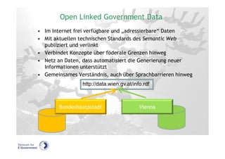Open Linked Government Data
• Im Internet frei verfügbare und „adressierbare“ Daten
• Mit aktuellen technischen Standards des Semantic Web
  publiziert und verlinkt
• Verbindet Konzepte über föderale Grenzen hinweg
• Netz an Daten, dass automatisiert die Generierung neuer
  Informationen unterstützt
• Gemeinsames Verständnis, auch über Sprachbarrieren hinweg
                 http://data.wien.gv.at/info.rdf



        Bundeshautpstadt                   Vienna
 