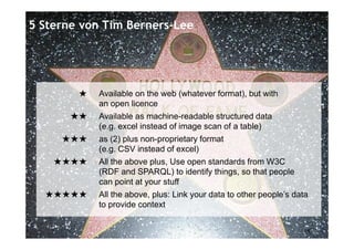 5 Sterne von Tim Berners-Lee




        ★   Available on the web (whatever format), but with
            an open licence
       ★★   Available as machine-readable structured data
            (e.g. excel instead of image scan of a table)
     ★★★    as (2) plus non-proprietary format
            (e.g. CSV instead of excel)
    ★★★★    All the above plus, Use open standards from W3C
            (RDF and SPARQL) to identify things, so that people
            can point at your stuff
  ★★★★★     All the above, plus: Link your data to other people’s data
            to provide context


                                                                    14
 