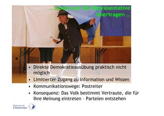 … wurde auf die Repräsentative
                          übertragen …




• Direkte Demokratieausübung praktisch nicht
  möglich
• Limitierter Zugang zu Information und Wissen
• Kommunikationswege: Postreiter
• Konsequenz: Das Volk bestimmt Vertraute, die für
  Ihre Meinung eintreten – Parteien entstehen
 