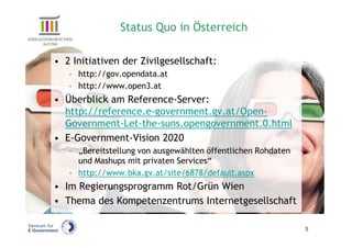 Status Quo in Österreich

• 2 Initiativen der Zivilgesellschaft:
   – http://gov.opendata.at
   – http://www.open3.at
• Überblick am Reference-Server:
  http://reference.e-government.gv.at/Open-
  Government-Let-the-suns.opengovernment.0.html
• E-Government-Vision 2020
   – „Bereitstellung von ausgewählten öffentlichen Rohdaten
     und Mashups mit privaten Services“
   – http://www.bka.gv.at/site/6878/default.aspx
• Im Regierungsprogramm Rot/Grün Wien
• Thema des Kompetenzentrums Internetgesellschaft

                                                              5
 