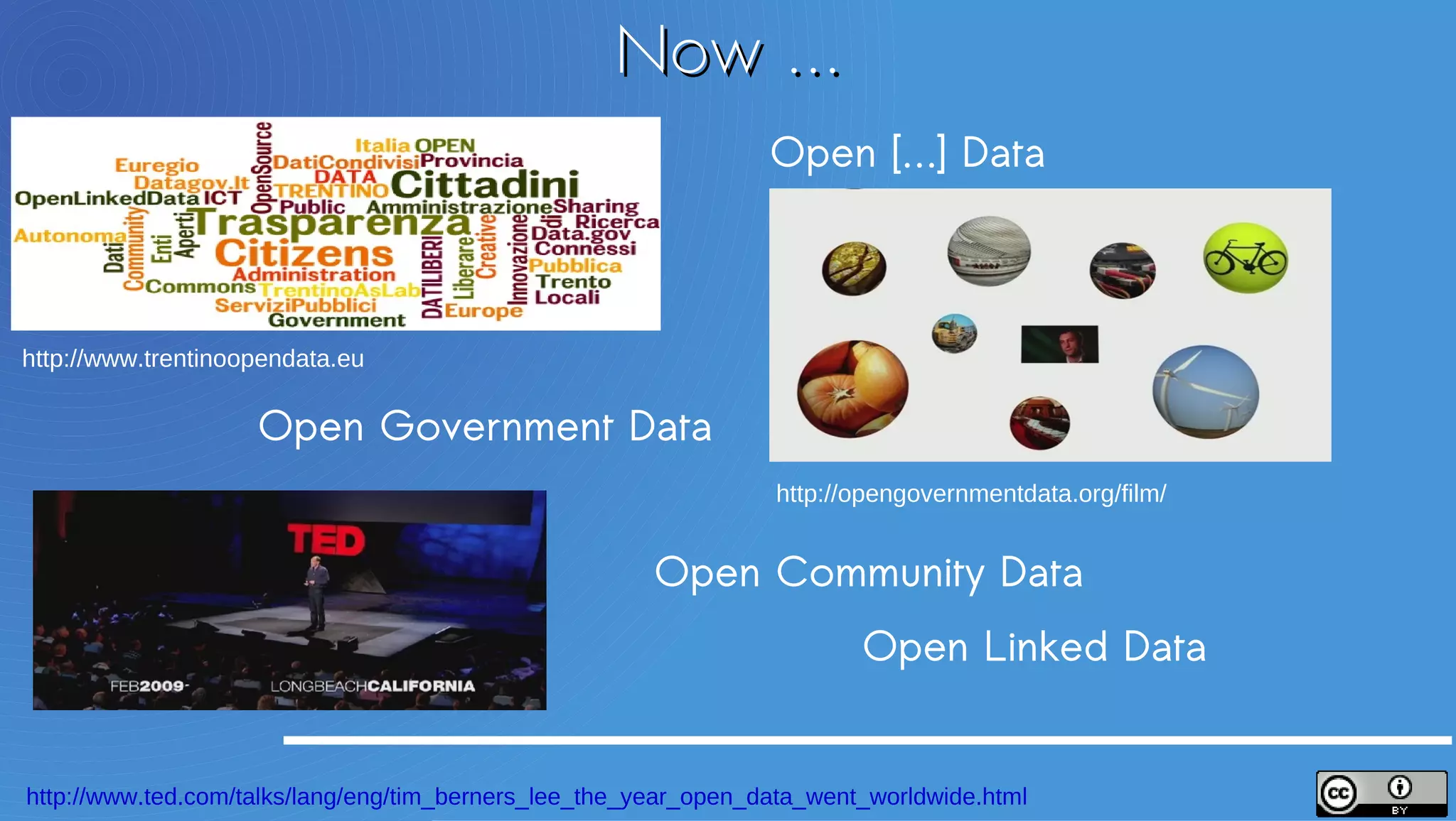 Now …
                                                                 Open […] Data



http://www.trentinoopendata.eu

                    Open Government Data
                                                                  http://opengovernmentdata.org/film/


                                                       Open Community Data
                                                                         Open Linked Data


http://www.ted.com/talks/lang/eng/tim_berners_lee_the_year_open_data_went_worldwide.html
 