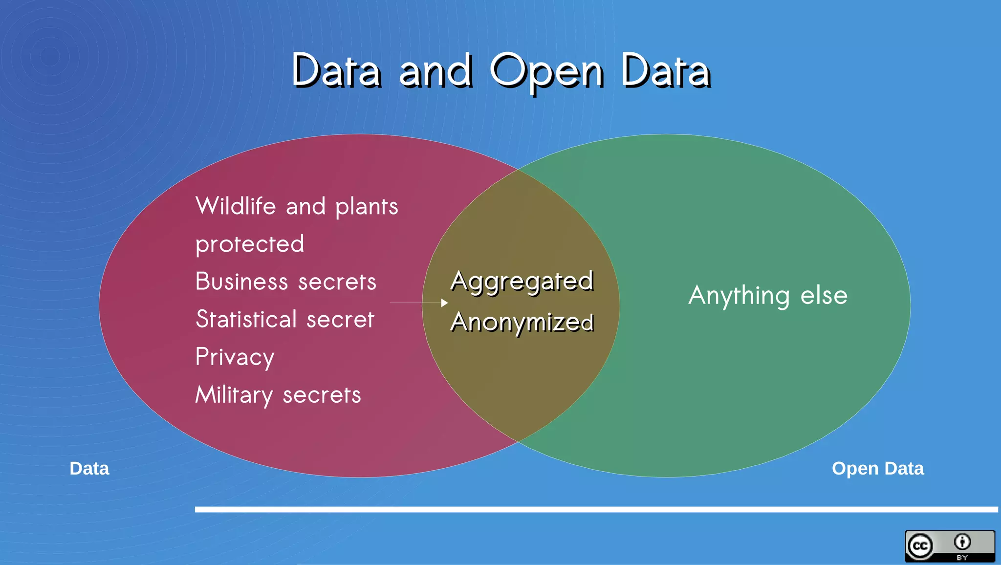 Data and Open Data

       Wildlife and plants
       protected
       Business secrets      Aggregated
                                          Anything else
       Statistical secret    Anonymized
       Privacy
       Military secrets

Data                                                 Open Data
 