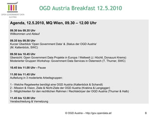 © OGD Austria – http://gov.opendata.at/ Agenda, 12.5.2010, MQ Wien, 09.30 – 12.00 Uhr 09.30 bis 09.35 Uhr Willkommen und Ablauf 09.35 bis 09.50 Uhr Kurzer Überblick 'Open Government Data‘ & ‚Status der OGD Austria‘ (M. Kaltenböck, SWC) 09.50 bis 10.45 Uhr Übersicht: Open Government Data Projekte in Europa / Weltweit (J. Höchtl, Donauuni Krems) Moderierter Gruppen Workshop: Government Data Services in Österreich (T. Thurner, SWC) 10.45 bis 11.00 Uhr -  Pause 11.00 bis 11.45 Uhr Aufteilung in 3 moderierte Arbeitsgruppen: 1 - Welche Regelwerke benötigt eine OGD Austria (Kaltenböck & Schandl) 2 - Mission & Vision, Ziele & Nicht-Ziele der OGD Austria (Krabina & Langegger) 3 - Möglichkeiten für den rechtlichen Rahmen / Rechtskörper der OGD Austria (Thurner & Halb) 11.45 bis 12.00 Uhr Verabschiedung & Vernetzung OGD Austria Breakfast 12.5.2010 
