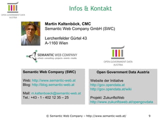 Infos & Kontakt © Semantic Web Company – http://www.semantic-web.at/ Martin Kaltenböck, CMC Semantic Web Company GmbH (SWC) Lerchenfelder Gürtel 43 A-1160 Wien Semantic Web Company (SWC) Web:  http://www.semantic-web.at Blog:  http://blog.semantic-web.at Mail:  [email_address] Tel.: +43 - 1 - 402 12 35 – 25 Open Government Data Austria Website der Initiative http://gov.opendata.at http://gov.opendata.at/wiki Projekt: ZukunftsWeb http://www.zukunftsweb.at/opengovdata 