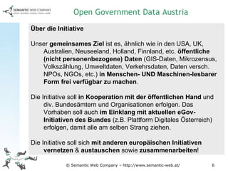 © Semantic Web Company – http://www.semantic-web.at/ Über die Initiative Unser  gemeinsames Ziel  ist es, ähnlich wie in den USA, UK, Australien, Neuseeland, Holland, Finnland, etc.  öffentliche (nicht personenbezogene) Daten  (GIS-Daten, Mikrozensus, Volkszählung, Umweltdaten, Verkehrsdaten, Daten versch. NPOs, NGOs, etc.)  in Menschen- UND Maschinen-lesbarer Form frei verfügbar zu machen .  Die Initiative soll  in Kooperation mit der öffentlichen Hand  und div. Bundesämtern und Organisationen erfolgen. Das Vorhaben soll auch  im Einklang mit aktuellen eGov-Initiativen des Bundes  (z.B. Plattform Digitales Österreich) erfolgen, damit alle am selben Strang ziehen. Die Initiative soll sich  mit anderen europäischen Initiativen vernetzen  &  austauschen  sowie  zusammenarbeiten ! Open Government Data Austria 