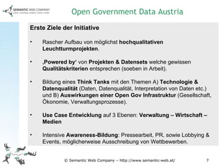 © Semantic Web Company – http://www.semantic-web.at/ Erste Ziele der Initiative Rascher Aufbau von möglichst  hochqualitativen Leuchtturmprojekten . ‚ Powered by‘  von  Projekten & Datensets  welche gewissen  Qualitätskriterien  entsprechen (soeben in Arbeit). Bildung eines  Think Tanks  mit den Themen A)  Technologie & Datenqualität  (Daten, Datenqualität, Interpretation von Daten etc.) und B)  Auswirkungen einer Open Gov Infrastruktur  (Gesellschaft, Ökonomie, Verwaltungsprozesse). Use Case Entwicklung  auf 3 Ebenen:  Verwaltung – Wirtschaft – Medien Intensive  Awareness-Bildung : Pressearbeit, PR, sowie Lobbying & Events, möglicherweise Ausschreibung von Wettbewerben. Open Government Data Austria 