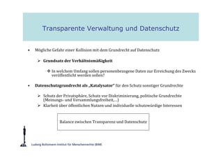 Transparente Verwaltung und Datenschutz


•   Mögliche Gefahr einer Kollision mit dem Grundrecht auf Datenschutz

        Grundsatz der Verhältnismäßigkeit

            In welchem Umfang sollen personenbezogene Daten zur Erreichung des Zwecks
            veröffentlicht werden sollen?

•   Datenschutzgrundrecht als „Katalysator“ für den Schutz sonstiger Grundrechte

        Schutz der Privatsphäre, Schutz vor Diskriminierung, politische Grundrechte
        (Meinungs- und Versammlungsfreiheit,…)
        Klarheit über öffentlichen Nutzen und individuelle schutzwürdige Interessen


                 Balance zwischen Transparenz und Datenschutz
 