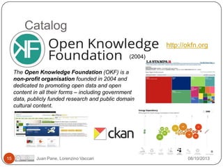 Catalog
http://okfn.org
(2004)
The Open Knowledge Foundation (OKF) is a
non-profit organisation founded in 2004 and
dedicated to promoting open data and open
content in all their forms – including government
data, publicly funded research and public domain
cultural content.

15

Juan Pane, Lorenzino Vaccari

08/10/2013

 