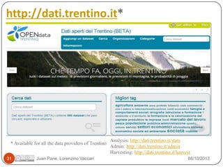 http://dati.trentino.it*

* Available for all the data providers of Trentino
31

Juan Pane, Lorenzino Vaccari

Analysis: http://dati.trentino.it/stats
Admin: http://dati.trentino.it/admin
Harvesting: http://dati.trentino.it/harvest
08/10/2013

 