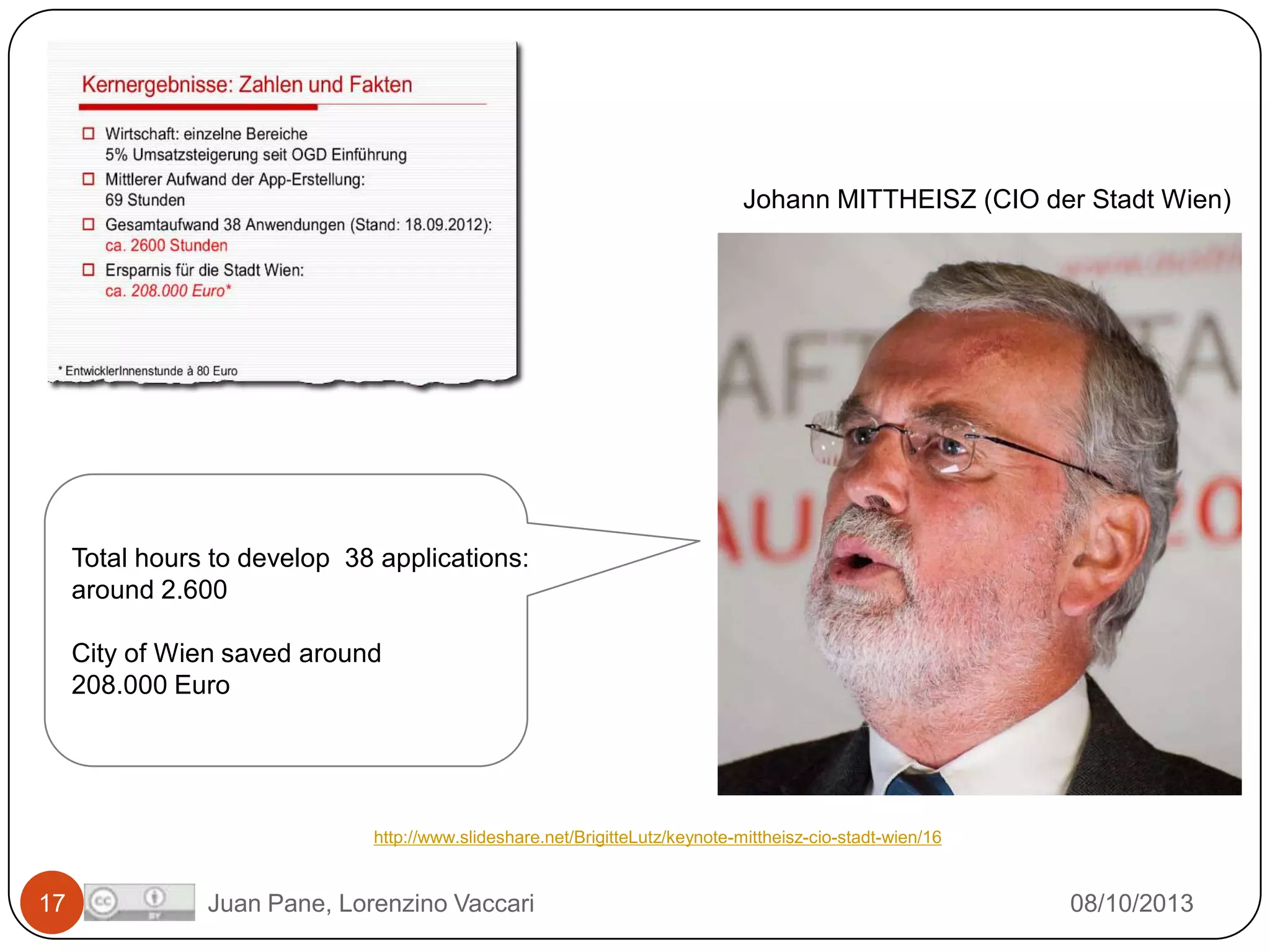 Johann MITTHEISZ (CIO der Stadt Wien)

Total hours to develop 38 applications:
around 2.600
City of Wien saved around
208.000 Euro

http://www.slideshare.net/BrigitteLutz/keynote-mittheisz-cio-stadt-wien/16

17

Juan Pane, Lorenzino Vaccari

08/10/2013

 