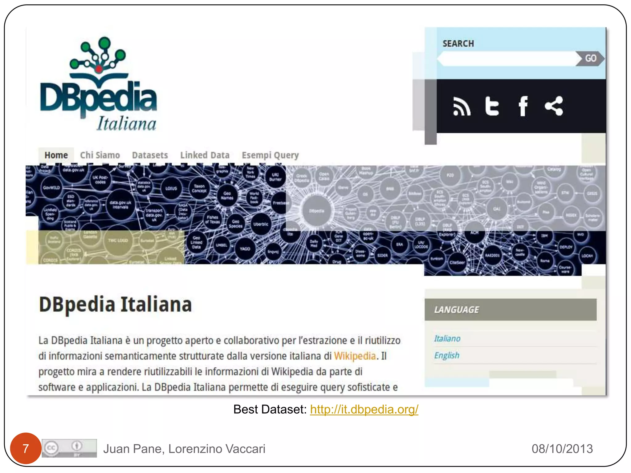 Best Dataset: http://it.dbpedia.org/
7

Juan Pane, Lorenzino Vaccari

08/10/2013

 