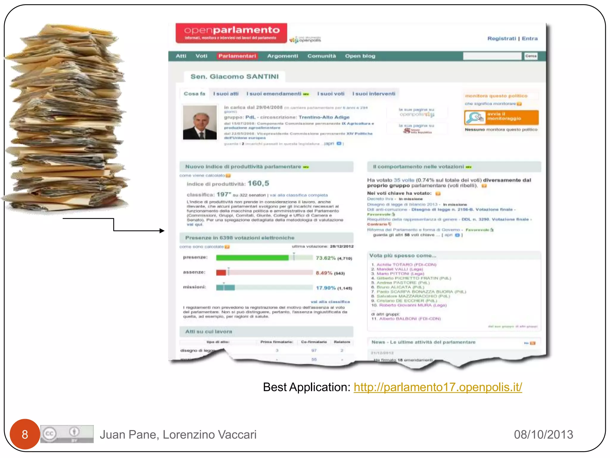 Best Application: http://parlamento17.openpolis.it/

8

Juan Pane, Lorenzino Vaccari

08/10/2013

 