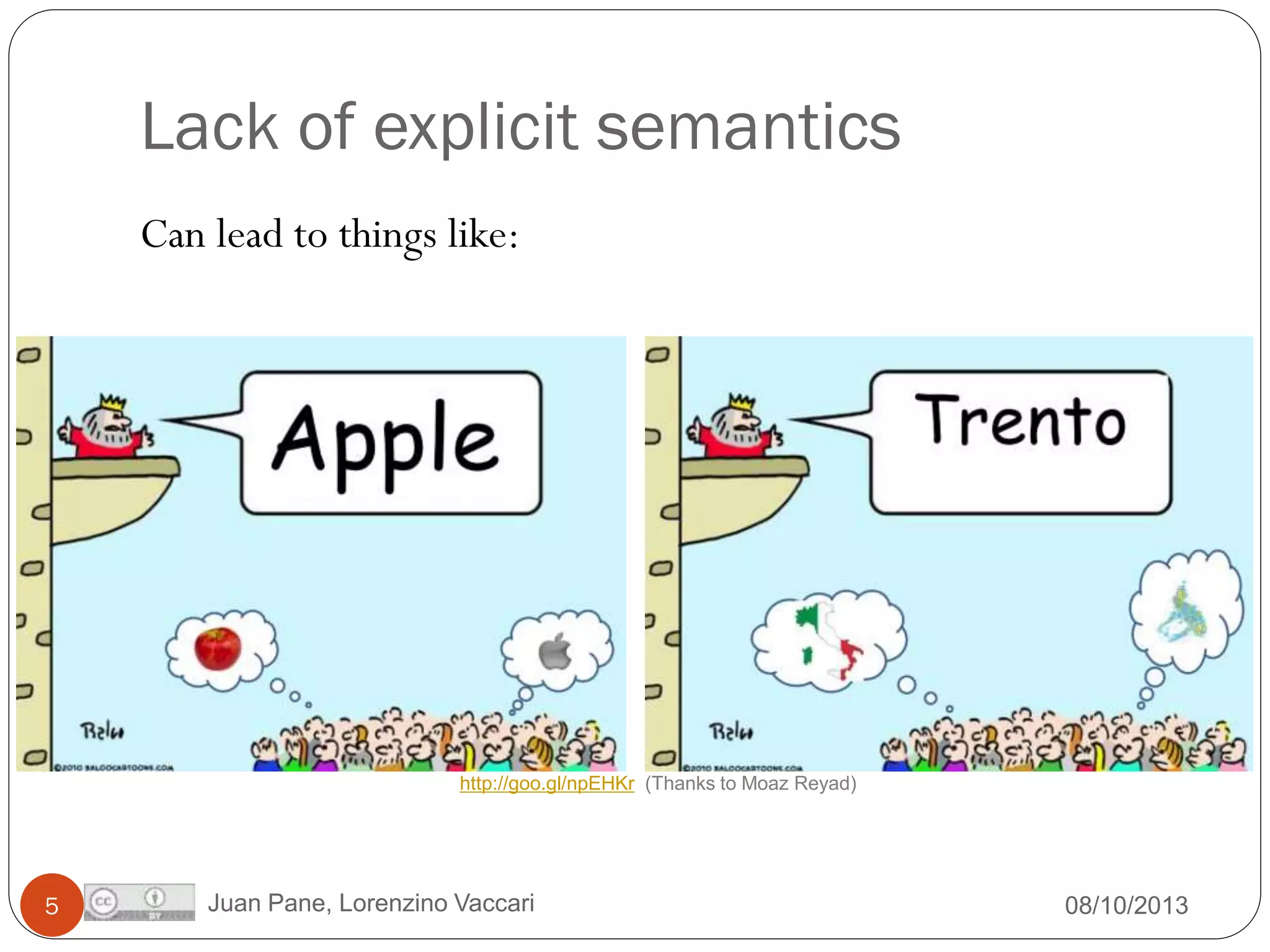 Lack of explicit semantics
Can lead to things like:

http://goo.gl/npEHKr (Thanks to Moaz Reyad)

5

Juan Pane, Lorenzino Vaccari

08/10/2013

 