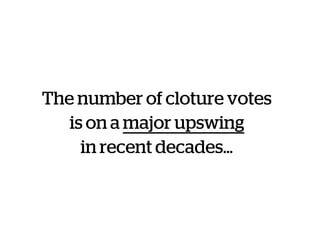 The number of cloture votes
is on a major upswing
in recent decades…
 