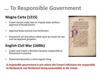 … To Responsible Government
Magna Carta (1215)
• Crown cannot make laws or impose taxes without
approval of feudal barons
• Approval body evolved into Parliament
• Parliament sat only when called upon by crown for law
and tax approval purposes
English Civil War (1600s)
• Crown and Crown’s Ministers became responsible to
Parliament in practice
• Parliament becomes a more regular thing
A responsible government is one where the Crown’s Ministers are responsible
to Parliament, not Parliament being accountable to the Crown
 