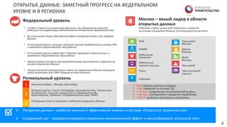 ОТКРЫТЫЕ	
  ДАННЫЕ:	
  ЗАМЕТНЫЙ	
  ПРОГРЕСС	
  НА	
  ФЕДЕРАЛЬНОМ	
  
УРОВНЕ	
  И	
  В	
  РЕГИОНАХ	
  
Ø  Раскрытие	
  данных	
  -­‐	
  наиболее	
  важный	
  и	
  эффективный	
  элемент	
  в	
  системе	
  «Открытого	
  правительства»	
  
Ø  Следующий	
  шаг	
  -­‐	
  продемонстрировать	
  социально-­‐экономический	
  эффект	
  и	
  масштабировать	
  успешный	
  опыт	
  
Федеральный  уровень  
  •  Создан  «Совет  по  открытым  данным»  при  Правительственной  
комиссии  по  координации  деятельности  открытого  правительства  
•  Во  исполнение  Указа  Президента  №601  раскрыто  более  200  наборов  
данных  
•  В  тестовой  версии  запущен  «Единый  портал  бюджетной  системы  РФ»  
и  проведено  общественное  обсуждение  
•  В  тестовой  версии  работает  «Портал  правовой  статистики»  и  
проведено  общественное  обсуждение  
•  Организованы  конкурсы  для  разработчиков  приложений  и  сервисов  на  
основе  открытых  данных  
•  Осуществляется  мониторинг  спроса  на  открытые  данные  Запущена  
серия  семинаров  для  СМИ  «Журналистика  данных»  
Москва  –  явный  лидер  в  области    
открытых  данных  
В  Москве  создан  целый  ряд  порталов  и  сервисов    
на  основе  открытых  данных,  их  популярность  растет  
Региональный  уровень  
Регионы-­‐лидеры:    Москва,  Краснодар  
  
Второй  эшелон:  Санкт-­‐Петербург,  Башкортостан,  Татарстан,  
Ульяновская,  Тульская,  Калужская  и  Саратовская  обл.,  
Красноярский,  Пермский,  Ставропольский  края,  ЯНАО    
  
Остальные  пока  не  активны  в  области  открытых  данных  
1	
  
2	
  
3	
  
4	
  
§  160	
  наборов	
  данных	
  открыты	
  
§  >  80  сервисов	
  на	
  основе	
  ОД	
  
§  >  10  тыс.  уникальных	
  пользователей	
  в	
  день	
  
§  >  35  тыс.  сообщений	
  о	
  городских	
  проблемах	
  
§  >  80  %  проблем	
  признаны	
  и	
  устранены	
  
ЖКХ  
  
  
ЕМИАС  
  
Мобильная  
приемная  
  
Мобильный    
портал  госуслуг  
  
Такси  
  
  
Парковки  
  
  
Транспорт    
Москвы  
  
Дороги    
Москвы  
  
Дома    
Москвы  
  
Наш  город  
  
Туристический    
портал  
  
  
 