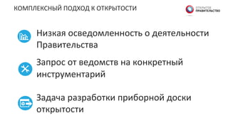 КОМПЛЕКСНЫЙ	
  ПОДХОД	
  К	
  ОТКРЫТОСТИ	
  
Низкая	
  осведомленность	
  о	
  деятельности	
  
Правительства	
  
	
  
Запрос	
  от	
  ведомств	
  на	
  конкретный	
  
инструментарий	
  
	
  
	
  
Задача	
  разработки	
  приборной	
  доски	
  
открытости	
  
 