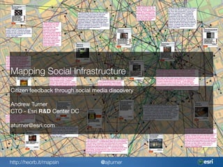 Mapping Social Infrastructure
Citizen feedback through social media discovery

Andrew Turner
CTO - Esri R&D Center DC

aturner@esri.com




http://heorb.it/mapsin            @ajturner
 