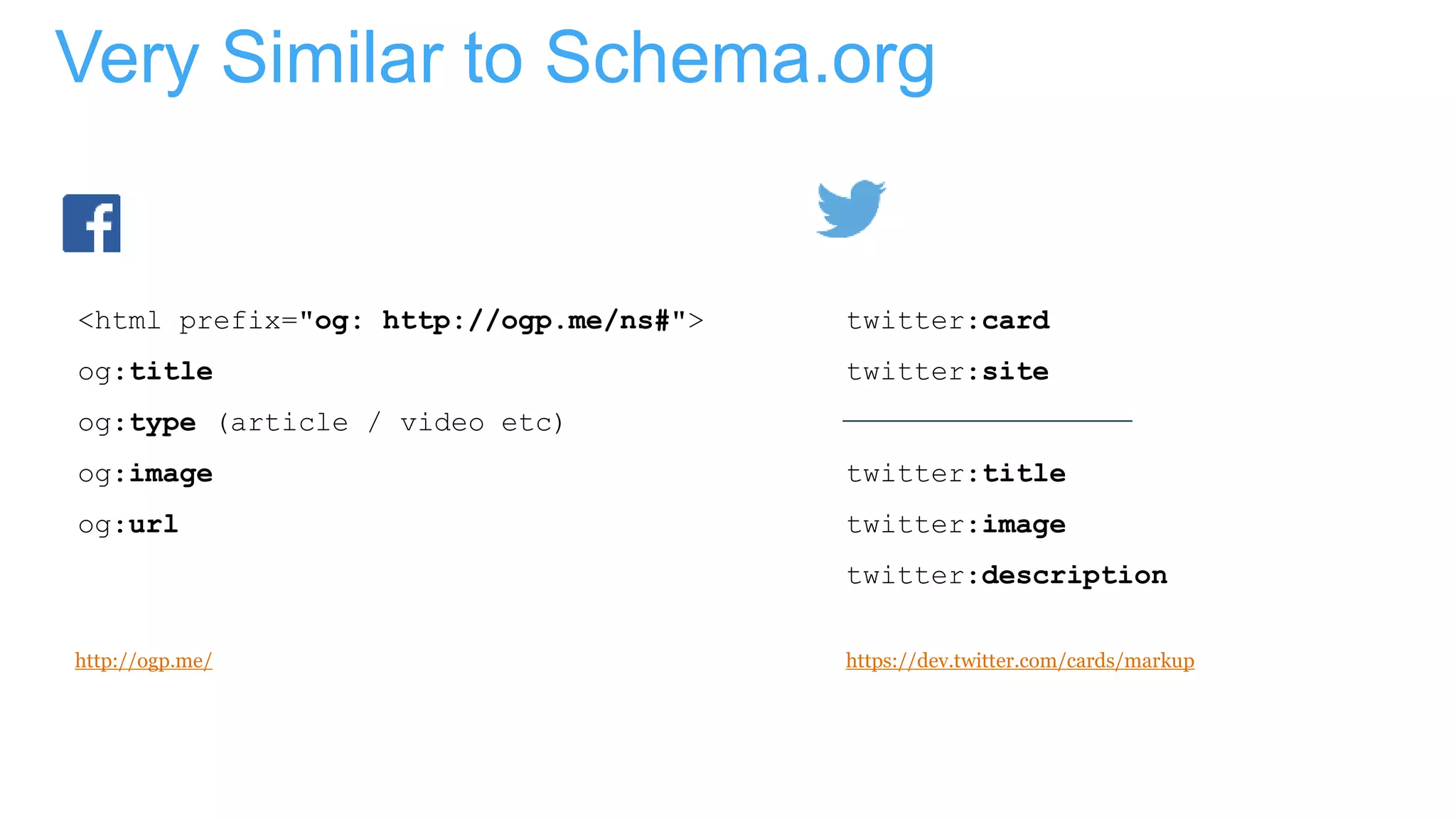 Very Similar to Schema.org
<html prefix="og: http://ogp.me/ns#">
og:title
og:type (article / video etc)
og:image
og:url
twitter:card
twitter:site
twitter:title
twitter:image
twitter:description
https://dev.twitter.com/cards/markuphttp://ogp.me/
 