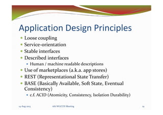 Application Design Principles
Loose coupling
Service-orientation
Stable interfaces
Described interfacesDescribed interfaces
Human / machine readable descriptions
Use of marketplaces (a.k.a. app stores)
REST (Representational State Transfer)
BASE (Basically Available, Soft State, Eventual
Consistency)
c.f. ACID (Atomicity, Consistency, Isolation Durability)
14-Aug-2013 196th WGCCIS Meeting
 