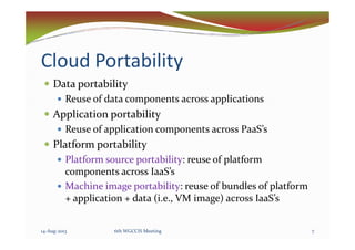 Cloud Portability
Data portability
Reuse of data components across applications
Application portability
Reuse of application components across PaaS’sReuse of application components across PaaS’s
Platform portability
Platform source portability: reuse of platform
components across IaaS’s
Machine image portability: reuse of bundles of platform
+ application + data (i.e., VM image) across IaaS’s
14-Aug-2013 76th WGCCIS Meeting
 