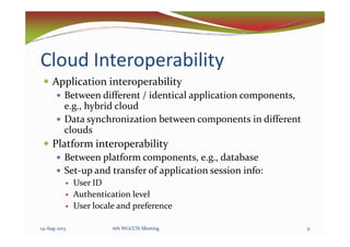 Cloud Interoperability
Application interoperability
Between different / identical application components,
e.g., hybrid cloud
Data synchronization between components in differentData synchronization between components in different
clouds
Platform interoperability
Between platform components, e.g., database
Set-up and transfer of application session info:
User ID
Authentication level
User locale and preference
14-Aug-2013 96th WGCCIS Meeting
 