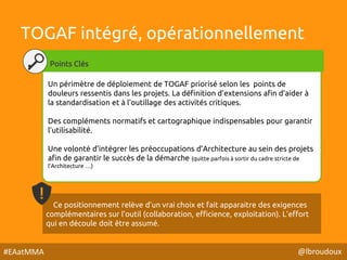 @lbroudoux#EAatMMA
TOGAF intégré, opérationnellement
Un périmètre de déploiement de TOGAF priorisé selon les points de
dou...
