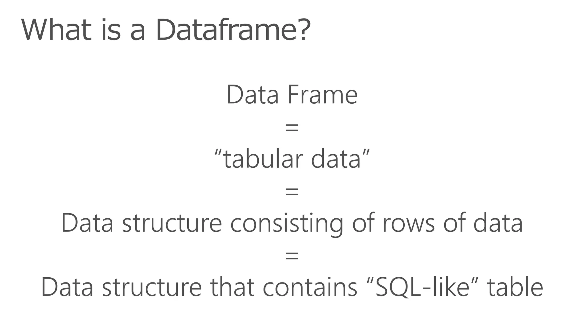 What is a Dataframe?
Data Frame
=
“tabular data”
=
Data structure consisting of rows of data
=
Data structure that contains “SQL-like” table
 