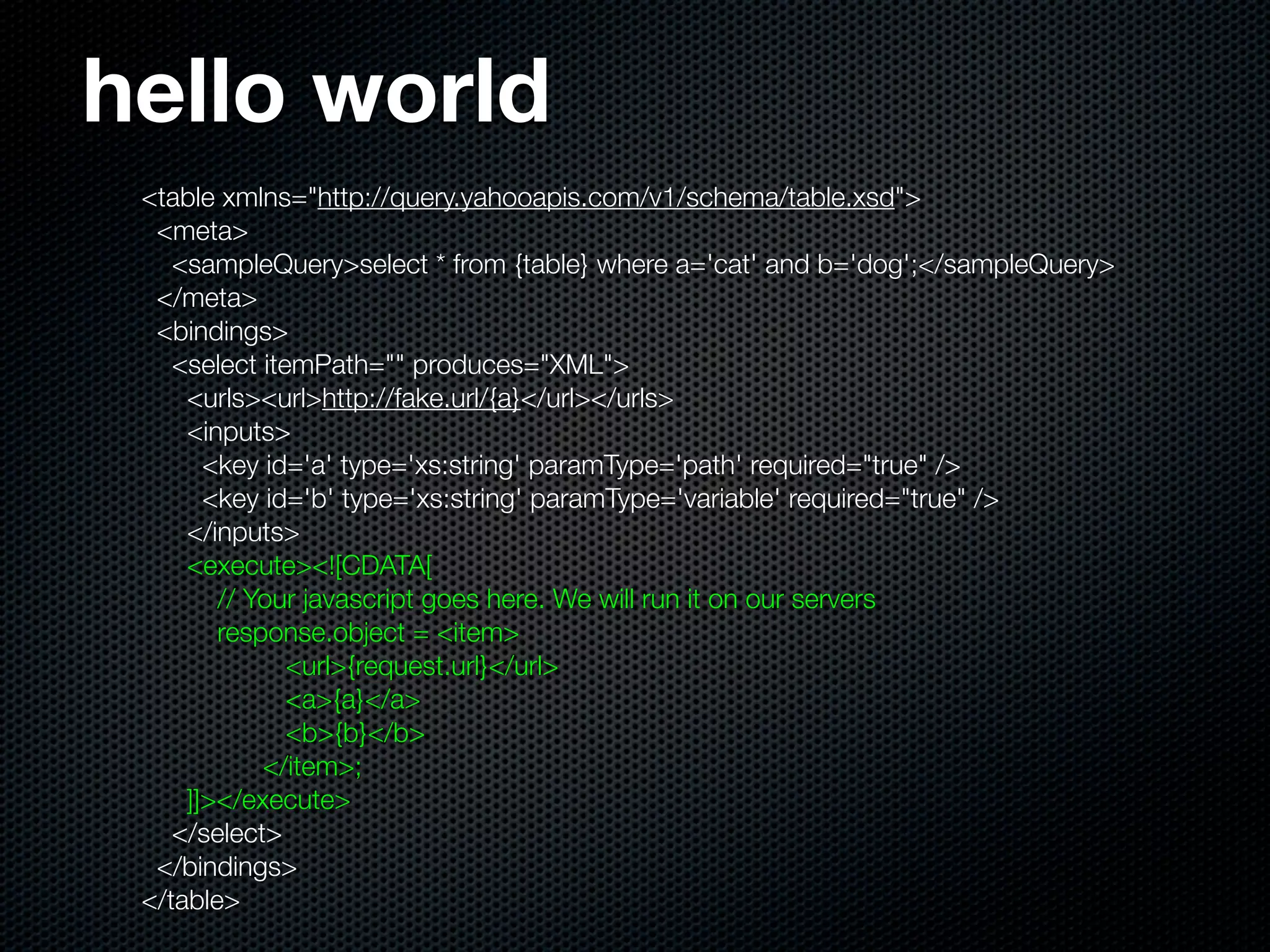hello world
 <table xmlns="http://query.yahooapis.com/v1/schema/table.xsd">
  <meta>
    <sampleQuery>select * from {table} where a='cat' and b='dog';</sampleQuery>
  </meta>
  <bindings>
    <select itemPath="" produces="XML">
     <urls><url>http://fake.url/{a}</url></urls>
     <inputs>
       <key id='a' type='xs:string' paramType='path' required="true" />
       <key id='b' type='xs:string' paramType='variable' required="true" />
     </inputs>
     <execute><![CDATA[
        // Your javascript goes here. We will run it on our servers
        response.object = <item>
               <url>{request.url}</url>
               <a>{a}</a>
               <b>{b}</b>
            </item>;
     ]]></execute>
    </select>
  </bindings>
 </table>
 